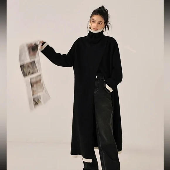 Gigi style High quality wool blend long slit turtleneck sweater